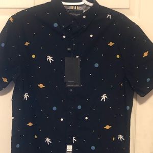 Slim Fit Denim & Flower Short Sleeve Button Down Shirt